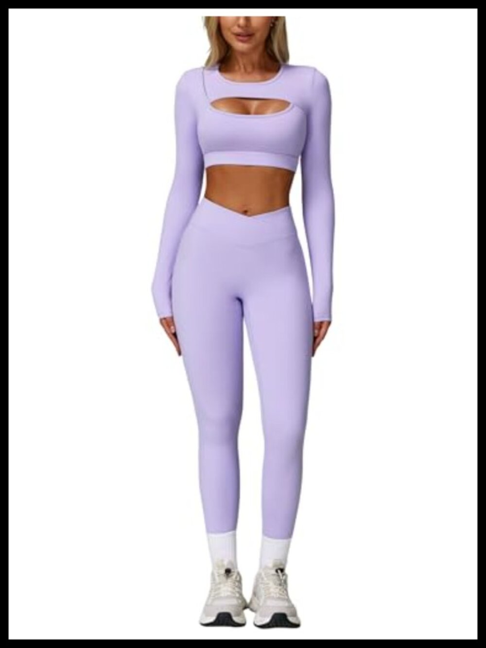 2 Piece Workout Set Women Long Sleeve Cutout Crop Top High Waisted Leggings
